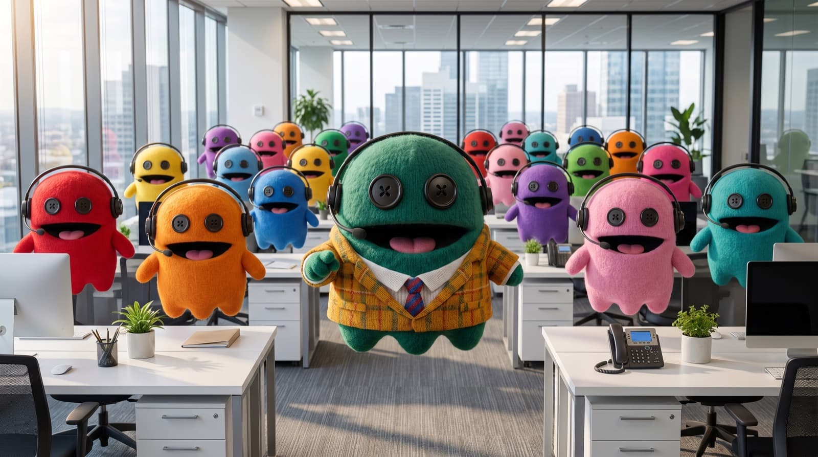 The Yappa manager mascot and colour-coded crew operating the AI behind the scenes