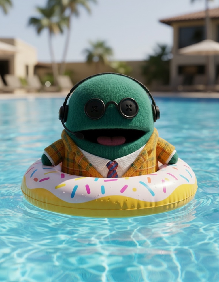 The Yappa manager mascot relaxing in a donut pool float by the water.