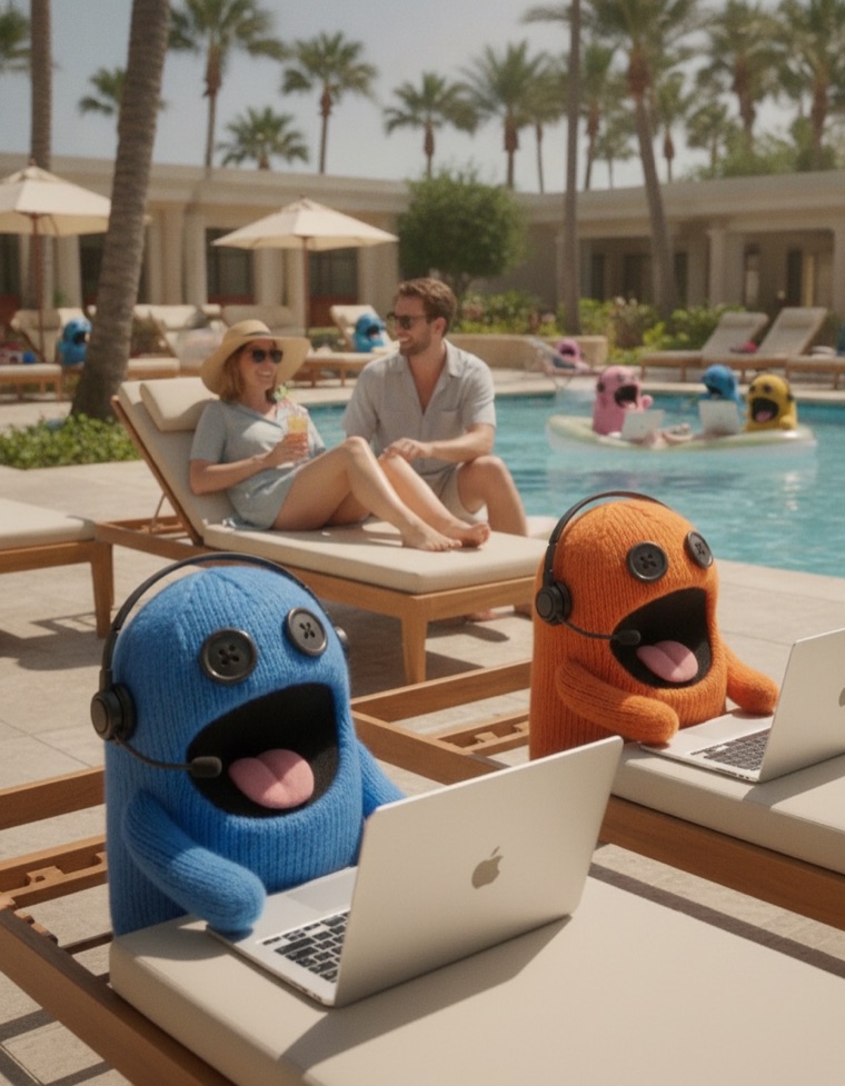 Holidaymakers relaxing on poolside loungers while two Yappa ghost mascots work on a laptop.
